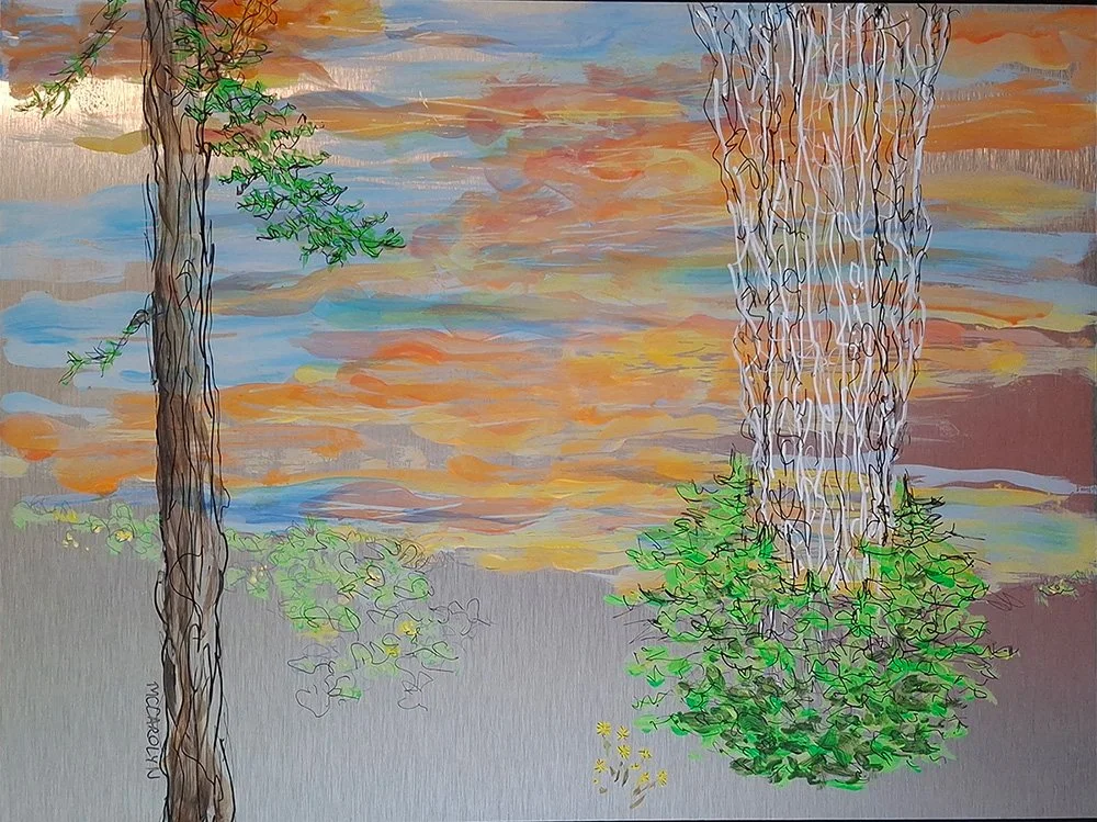 McCaroyln Paining - Sunrise 26 #4 - As the seasons roll onward, the forest responds to the devastating forest fire.  New growth surrounds the dead trees.  Life returns to the decimated hills as the new forest rejoins the old.
