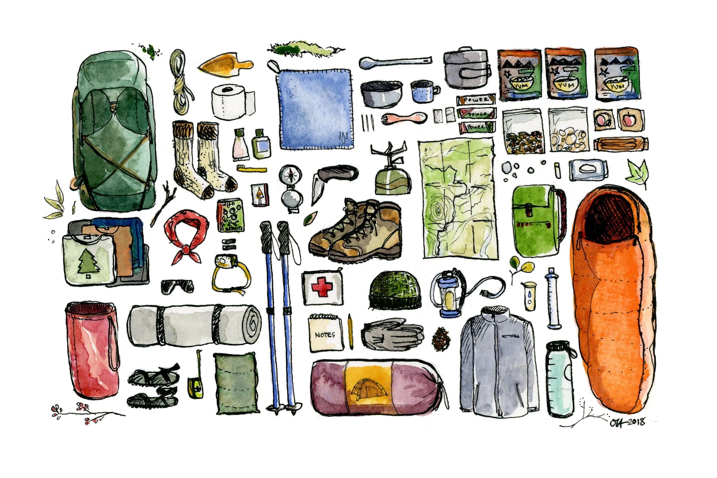 Backpacking Essentials 2018 Watercolor and India ink