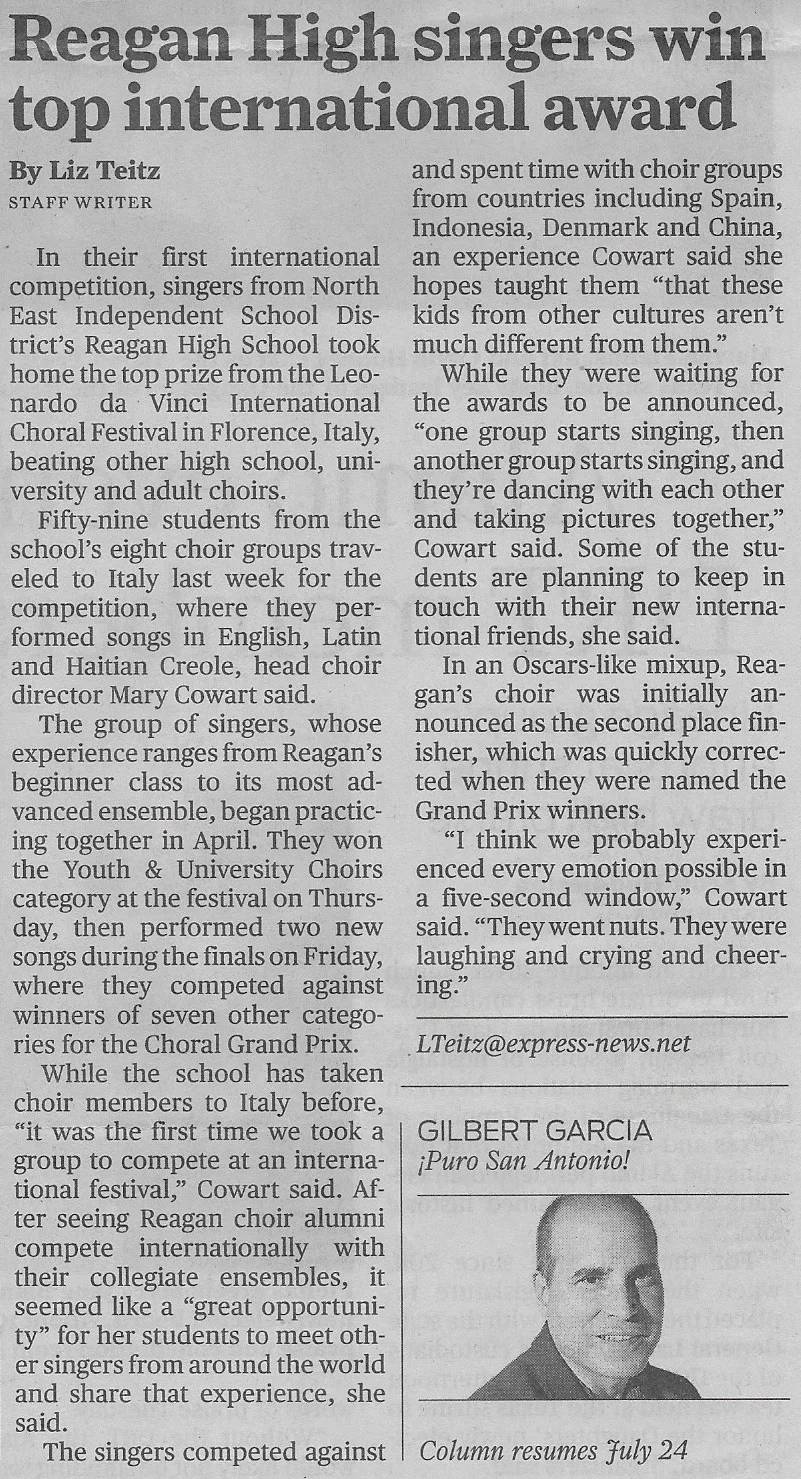Reagan Choir in the San Antonio Express News