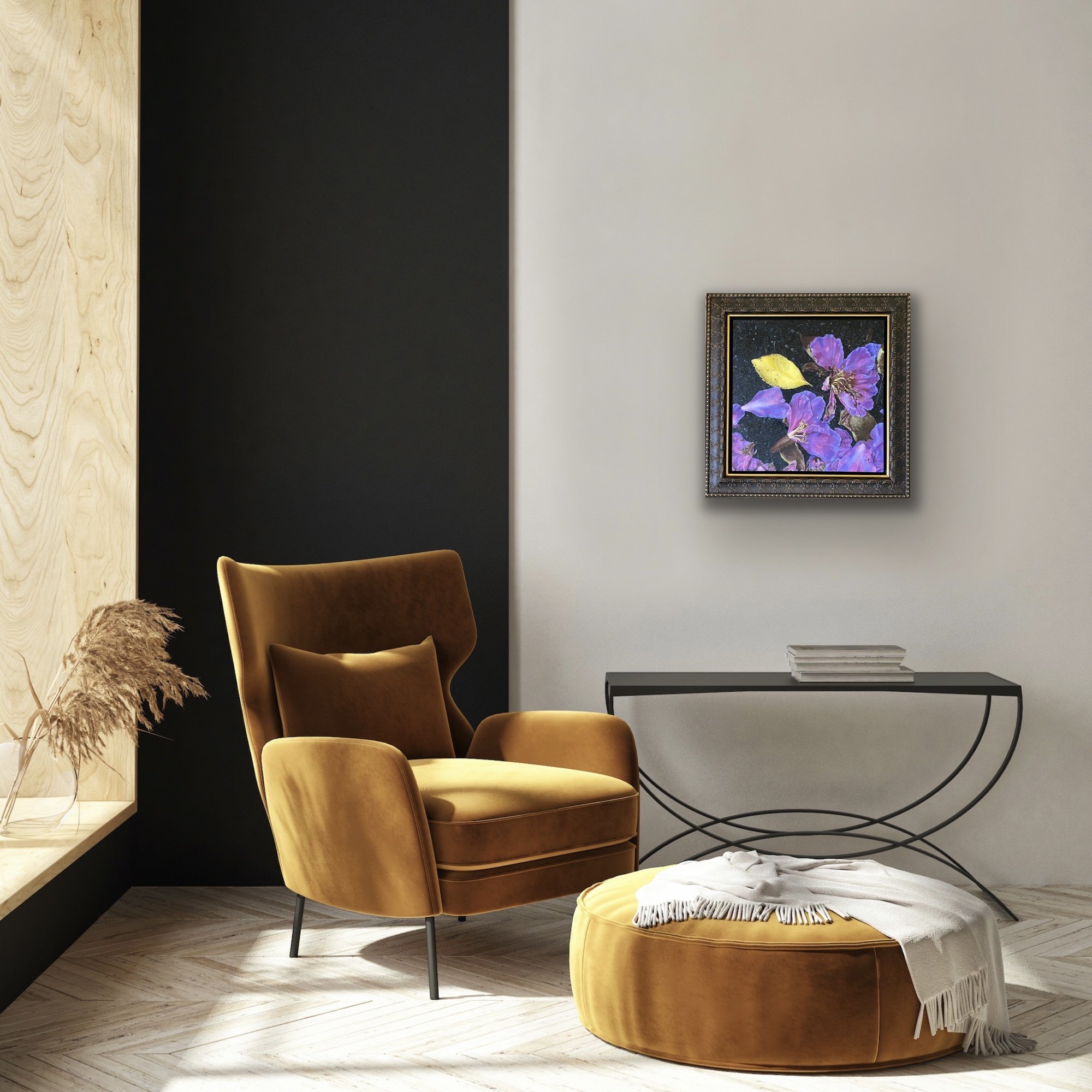 D Liguori Art and Story_Raining Petals_24x24 Oil on Canvas_Framed_Amber Chair.jpg