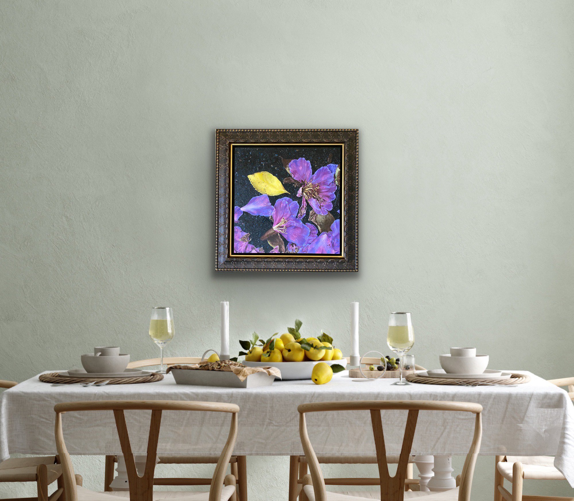 D Liguori Art and Story_Raining Petals_24x24 Oil on Canvas_Framed_Table_Lemons.jpg