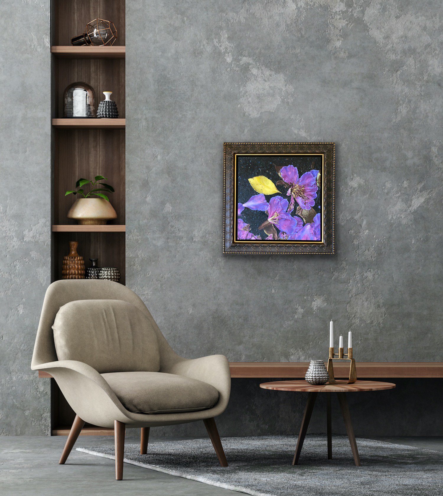 D Liguori Art and Story_Raining Petals_24x24 Oil on Canvas_Framed_Grey LR Wall.jpg