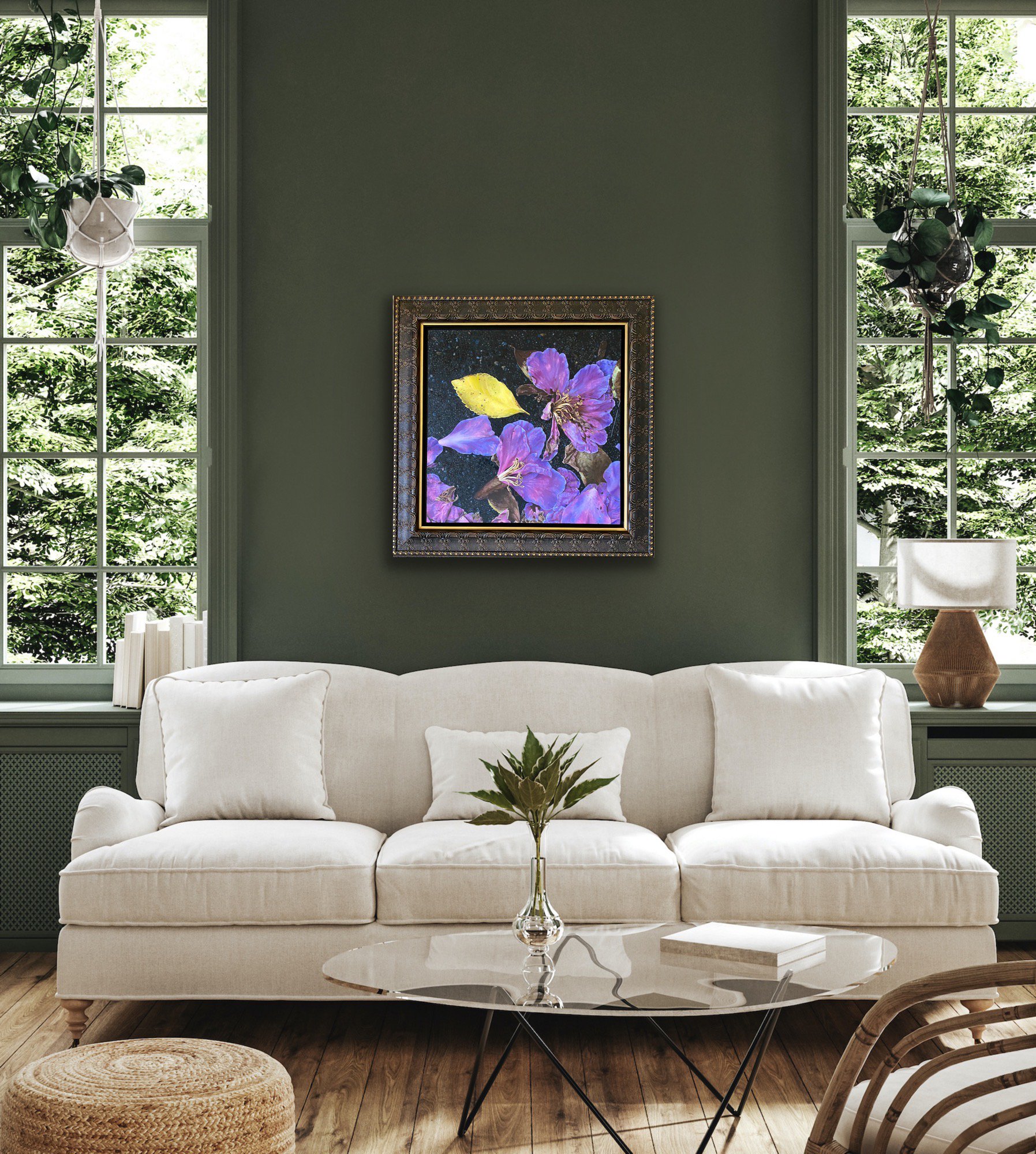 D Liguori Art and Story_Raining Petals_24x24 Oil on Canvas_Framed_Green LR.jpg