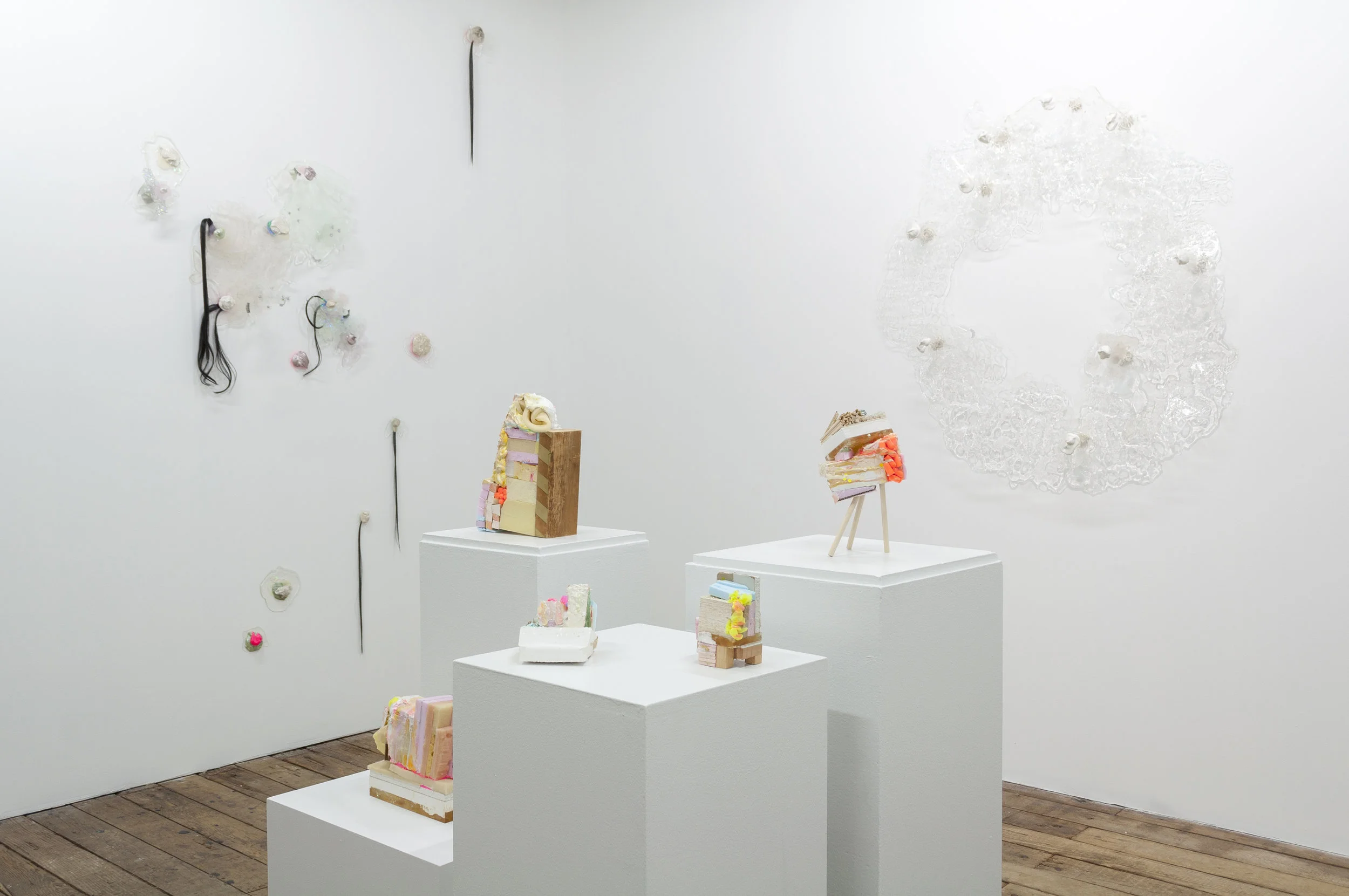 Kim Largey Some Simple State of Finality, 2015, mixed media (bottom left) The America of Our Time, 2016, mixed media (top left) Drowning in a Sea of the Arbitrary, 2016, mixed media (front left) Amusing Ourselves to Death, 2016, mixed media (front right) The Sorrows of the Empire, 2016, mixed media (top right)