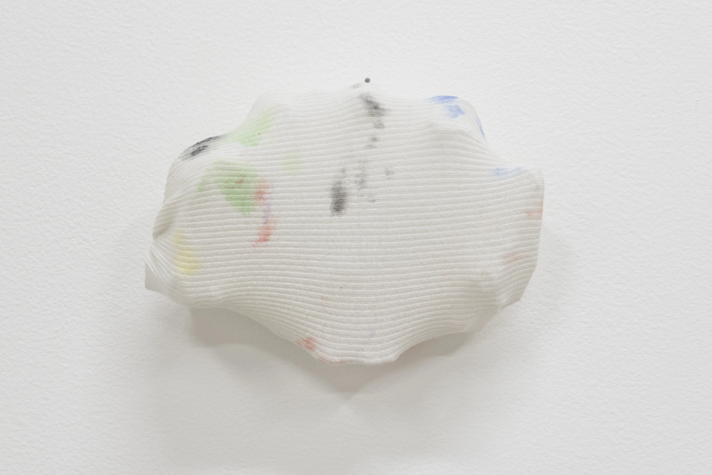 Sara Hubbs, Closed Mouth, 2 017, Men’s undershirt, ink, plastic toy container