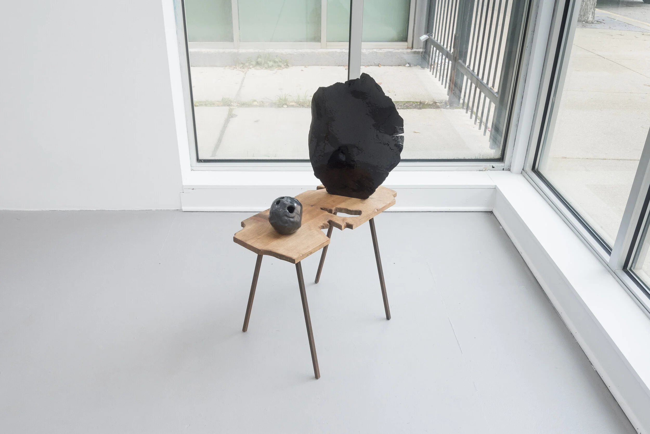 Soo Shin Gesture: Reflection and Weight, 2019 resin, glaze on stoneware, wood, steel