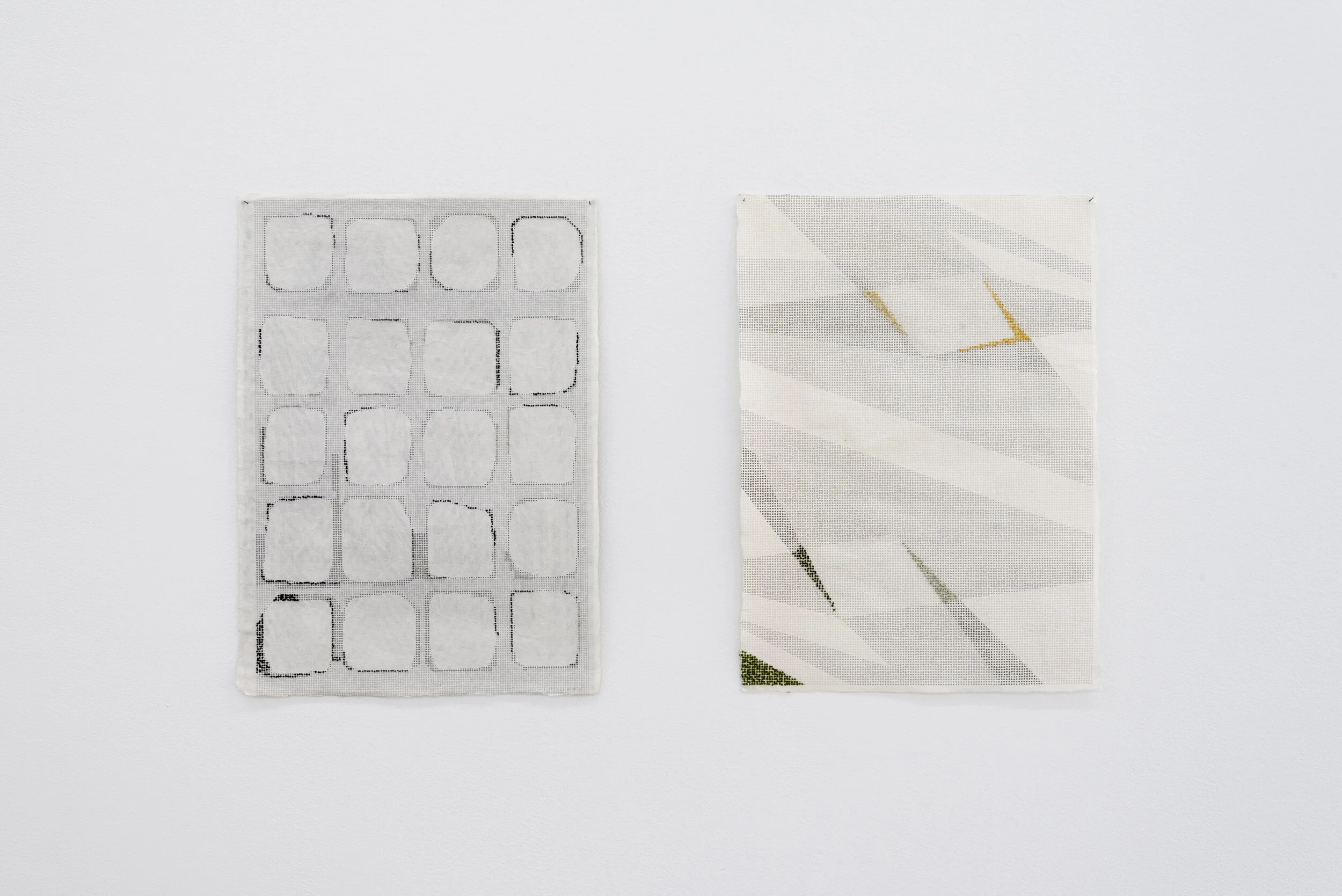 Left: Azadeh Gholizadeh, Labyrinth , 2017 embroidery on archival inkjet print on rice paper Right: Azadeh Gholizadeh, Knot , 2017 embroidery on archival inkjet print on rice paper