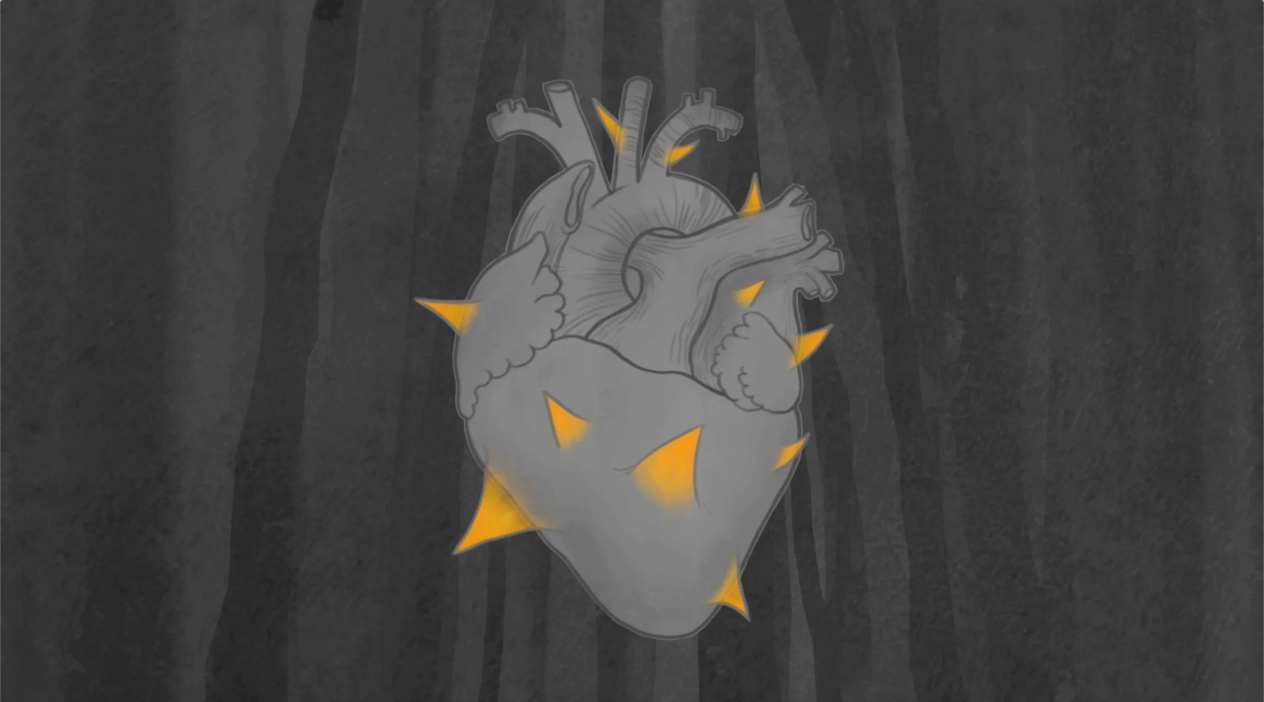 Still from The Shapeshifter's Lament, a grey heart with orange thorns. Illustrator and animator: Mawar