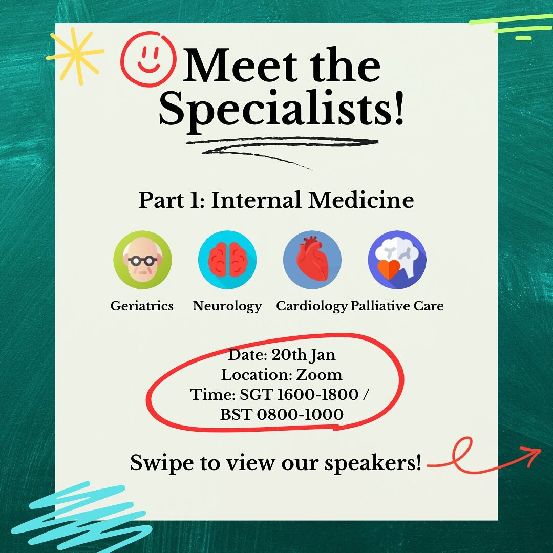 Introducing our speakers for the first session of &ldquo;Meet the Specialties!&rdquo; 🩺🥼We are honoured to be joined by consultants Dr Teo, Dr Heyzer, Dr Hasnor and Dr Angamuthu this Saturday as they share with us their experiences and advice for s