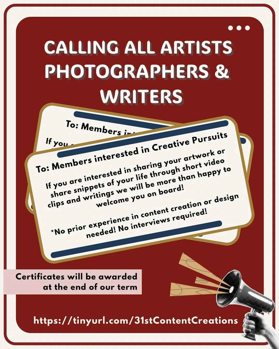 Want to join in the creative fun but don&rsquo;t want the full responsibility of being a committee member 🫢? 

We are excited to roll out our Content Creations Team ⭐️! 

To join, all you need to do is to complete (minimally) 2 fun 🥳 and meaningful