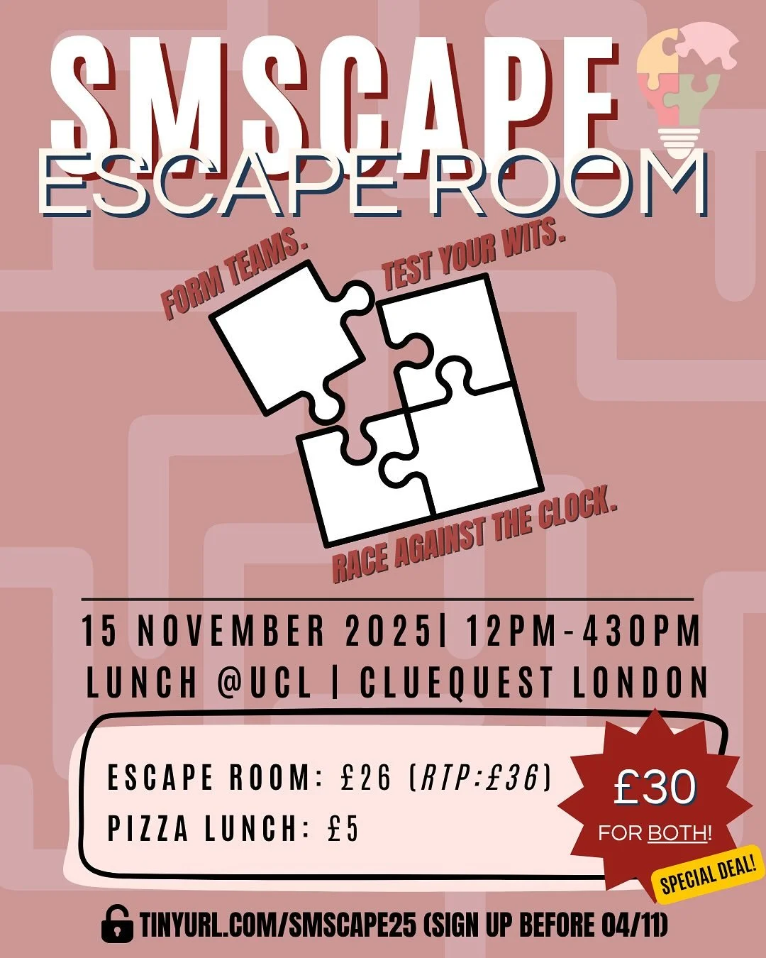 🎉 The wait is over - introducing our first-ever SMScape! 💖Think you can escape before your friends do? Let&rsquo;s find out. 😏🕵🏻&zwj;♀️ Escape the ordinary and join us in London for a day of puzzles, pizza &amp; pure fun 🍕🧩
Kick things off wit