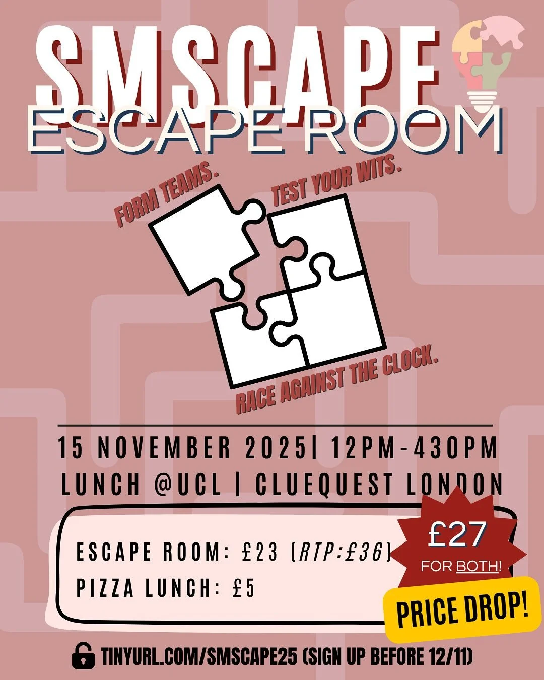 🚨 DISCOUNTED ESCAPE ROOM + UNLIMITED PIZZA SOCIAL 

Join us for a thrilling escape room adventure for only &pound;23 (RTP: &pound;36, a full &pound;13 discount!) and refuel with unlimited pizza for only an additional &pound;4! 🍕

There are still a 