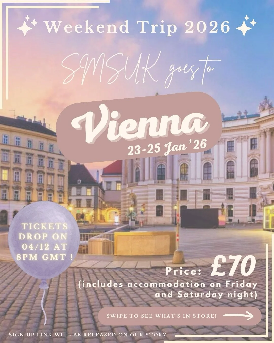 Hey SMSUK! Get ready because this year we are DOUBLING the fun! 

Pack your excitement - our Vienna weekend trip is here! 🎉 Get ready for stunning palaces and world-class art, through the heart of Austria&rsquo;s capital. 🇦🇹 Start your day basking