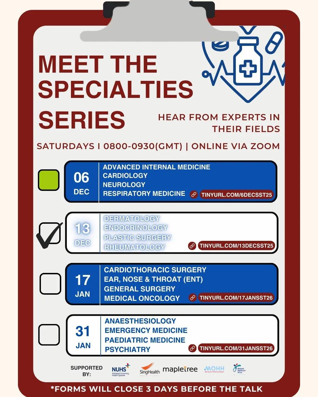 🗣️🌟 Our Next Line-Up of Speakers Awaits! 🌟🗣️

✨ Join us for the second instalment of our Specialties Spotlight Series, where a dynamic group of consultants and registrars will share what their day-to-day really looks like across various specialti