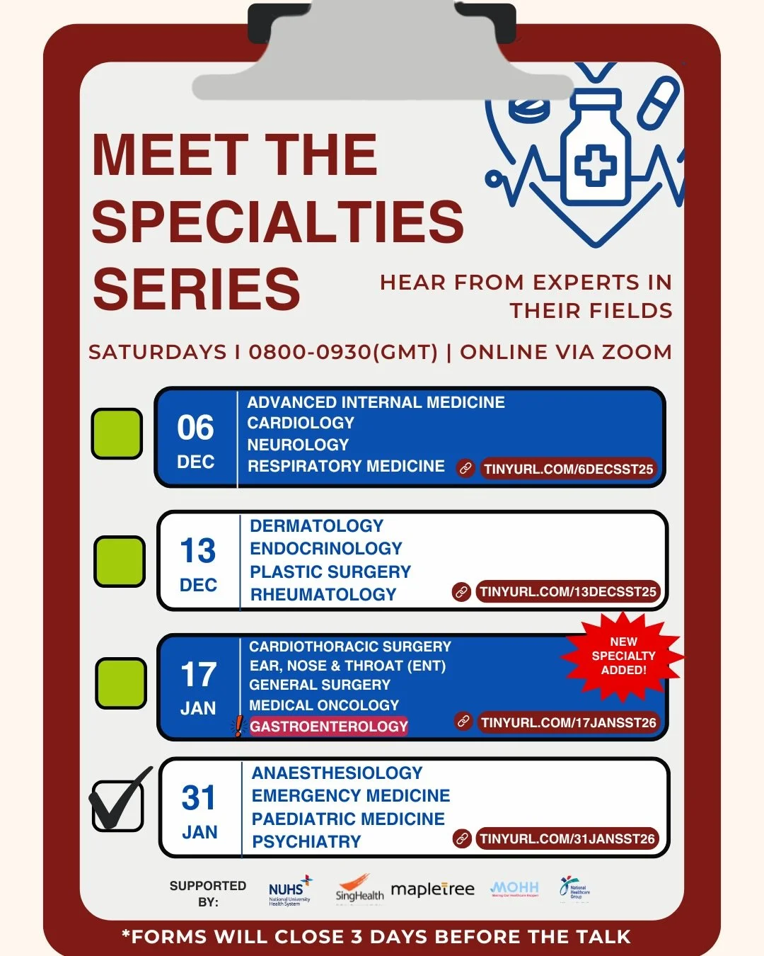 ✨ Meet Our Speakers &ndash; 31 Jan Specialties Spotlight Talks (Final Session of the Series!) ✨

And for the last time&hellip;let&rsquo;s welcome our lineup of speakers for the final instalment 🤩 of our Meet the Specialties talks 🩺 happening tomorr