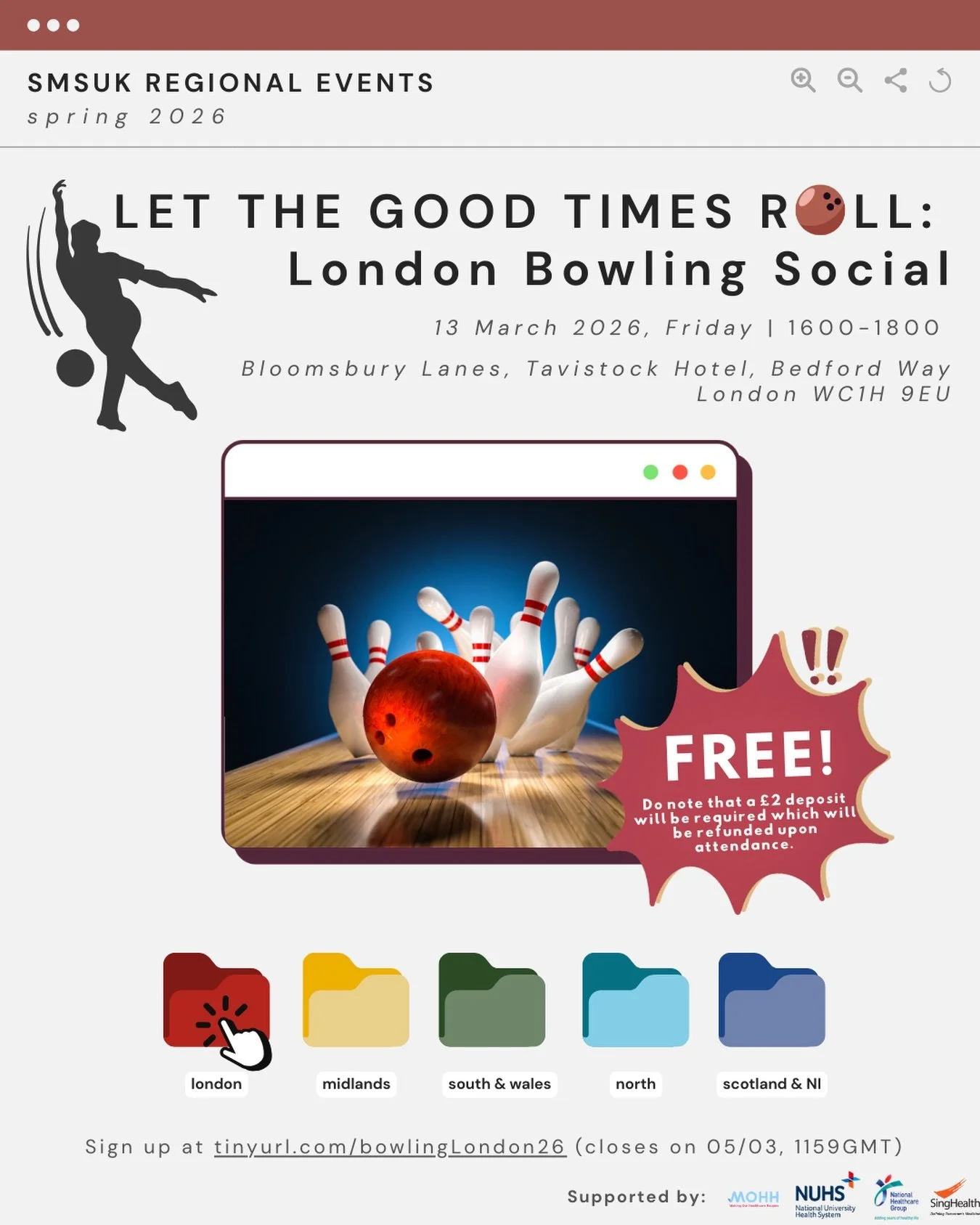 SMSUK is back with our series of regional events! 🔥  Join us for a bowling session at Bloomsbury lanes at 4pm on 13th March, completely FREE of charge. 

🎳 Get to connect with Singaporean medics from other unis and compete in a game of bowling!! 

