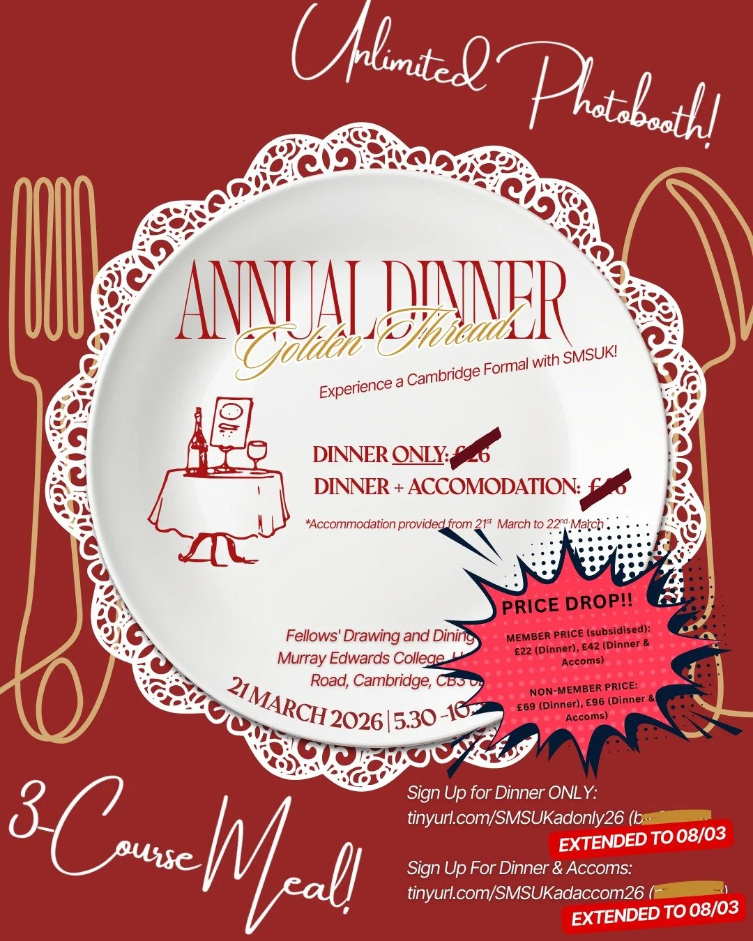 🚨PRICE DROP for Annual Dinner🚨

Thanks to additional budget, Annual Dinner tickets have just reduced by &pound;4 🤑! Join us for a 3-course meal with wine and champagne reception for just &pound;22 🤩 You also have the option of staying with us for