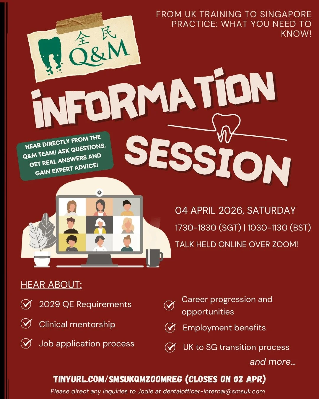 Thinking about heading back to Singapore after your UK dental training? 🇸🇬🦷 

Join us for an exclusive session with Q&amp;M as we break down the upcoming 2029 QE requirements, employment benefits 💼, clinical mentorship structure, and career progr