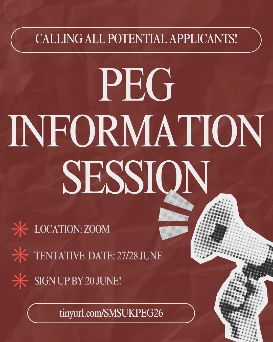 📢 Calling all potential PEG Applicants! 📢

Keen to head back to Singapore for work after graduation? 🇸🇬 Or want to find out more about how the PEG can support your transition back into the Singaporean healthcare system? 🩻 Sign up for our PEG Inf