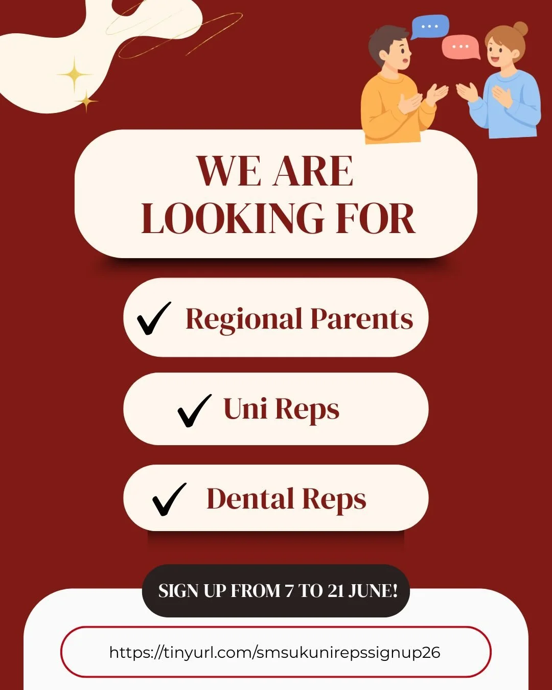 Want to bring people together, meet students across the UK, and make a difference within SMSUK? 🌍✨

Applications for our Regional Parent and Uni/Dental Representative roles are now OPEN‼️

Whether you enjoy organising fun socials, supporting fresher