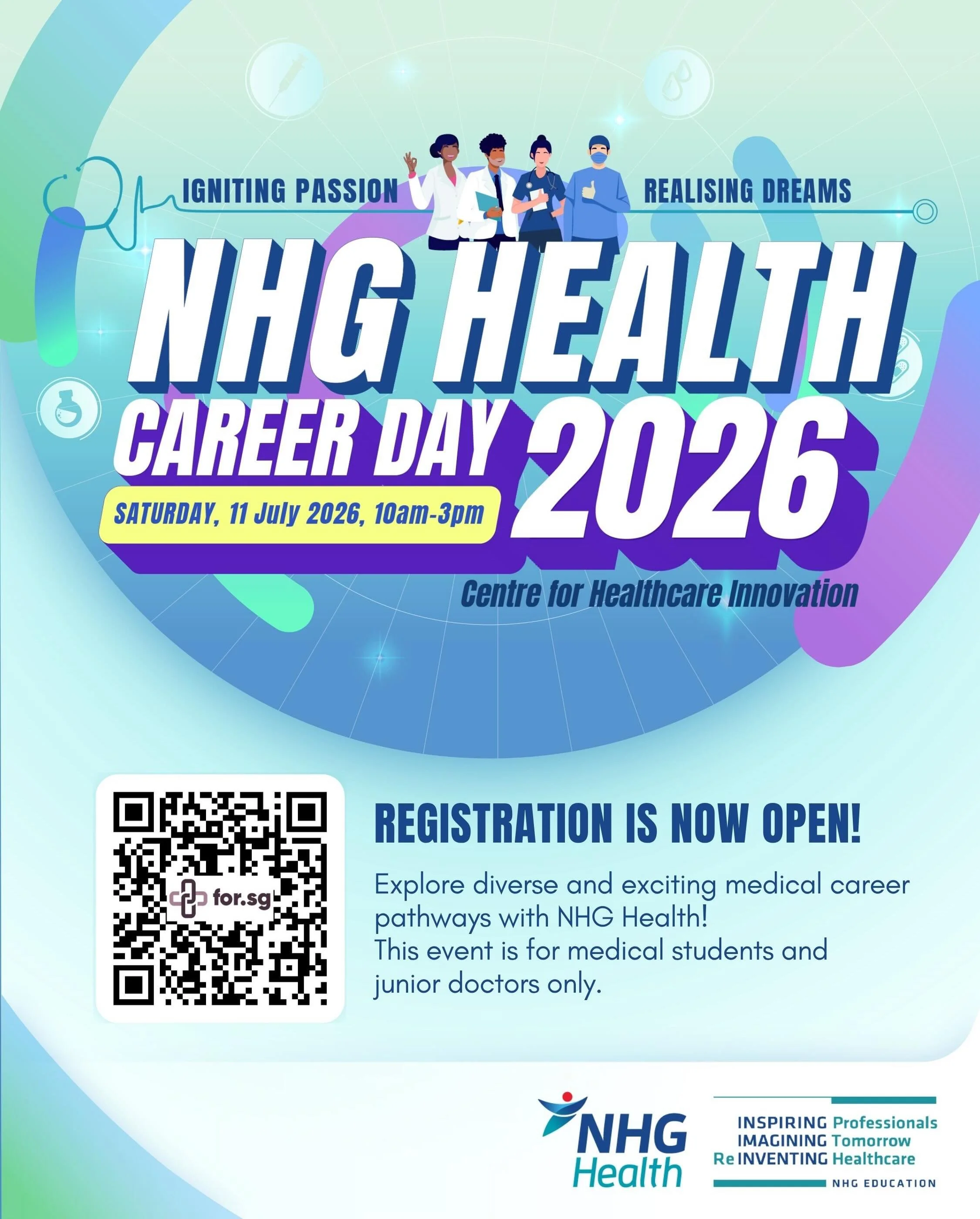 📣 Explore your future in medicine at NHG Health Career Day 2026!

Join us on for a day of programme talks, professional insights, and meaningful conversations designed to help you navigate your medical career journey with greater clarity and confide