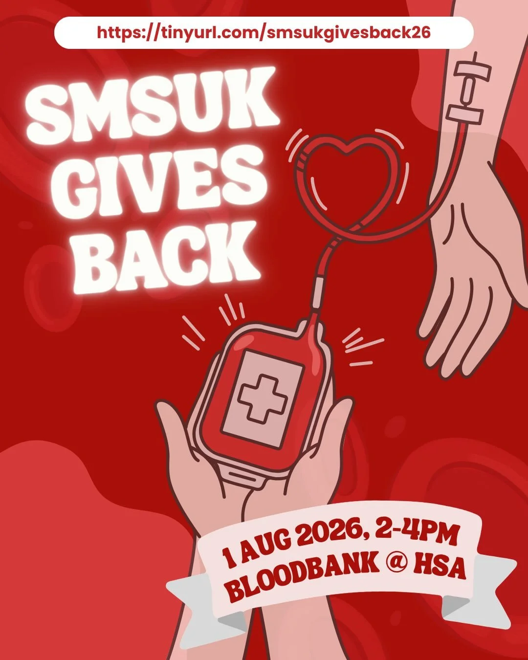 Got blood? 🩸 You could save three lives by donating just one unit of it!

SMSUK Gives Back is here once again with a blood donation drive! Join your friends at Bloodbank @ HSA for a meaningful afternoon ❤️ and to make a positive difference 🏥 Whethe