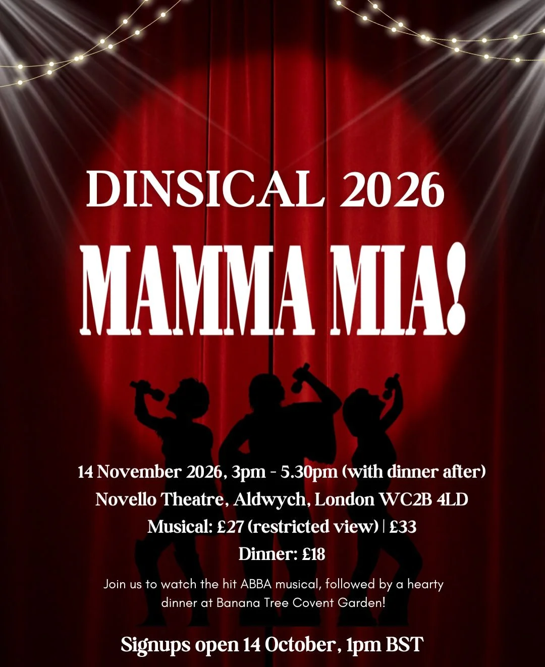 Our long-awaited Dinsical is back 🥳 and this year, SMSUK will be heading to watch Mamma Mia ☀️🌊🏄 Join us for a lively afternoon of singing and dancing to ABBA songs, followed by a three-course dinner at Banana Tree Covent Garden afterwards! 🍽️ Fe