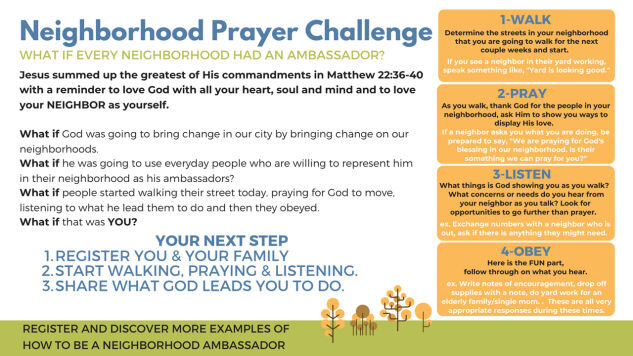 Prayer Week starts today! We encourage you to walk your neighborhood and  pray for the Lord's blessing and protection over your neighbors…