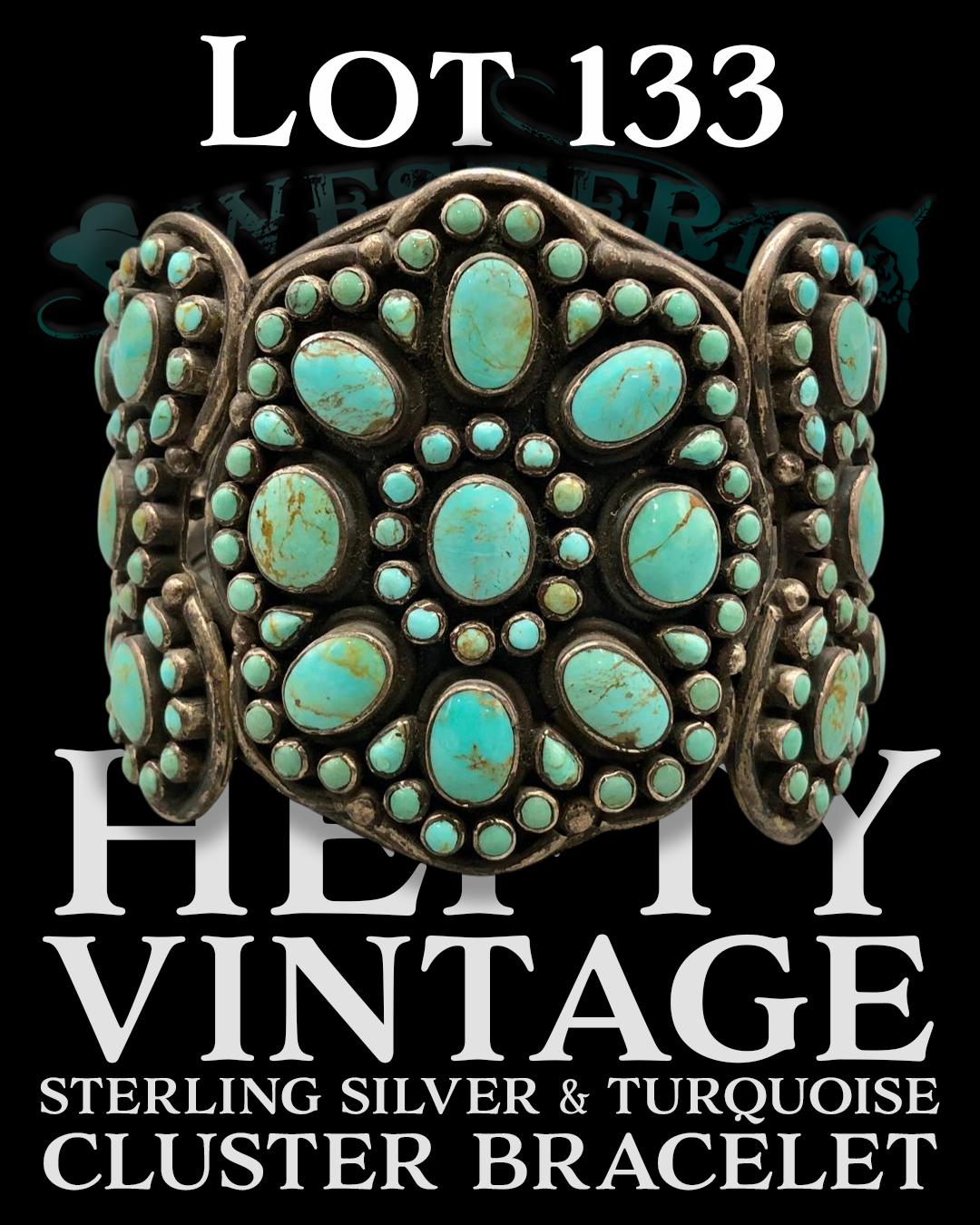 Lot 133 Hefty Vintage Sterling Silver And Turquoise Cluster Bracelet.PNG