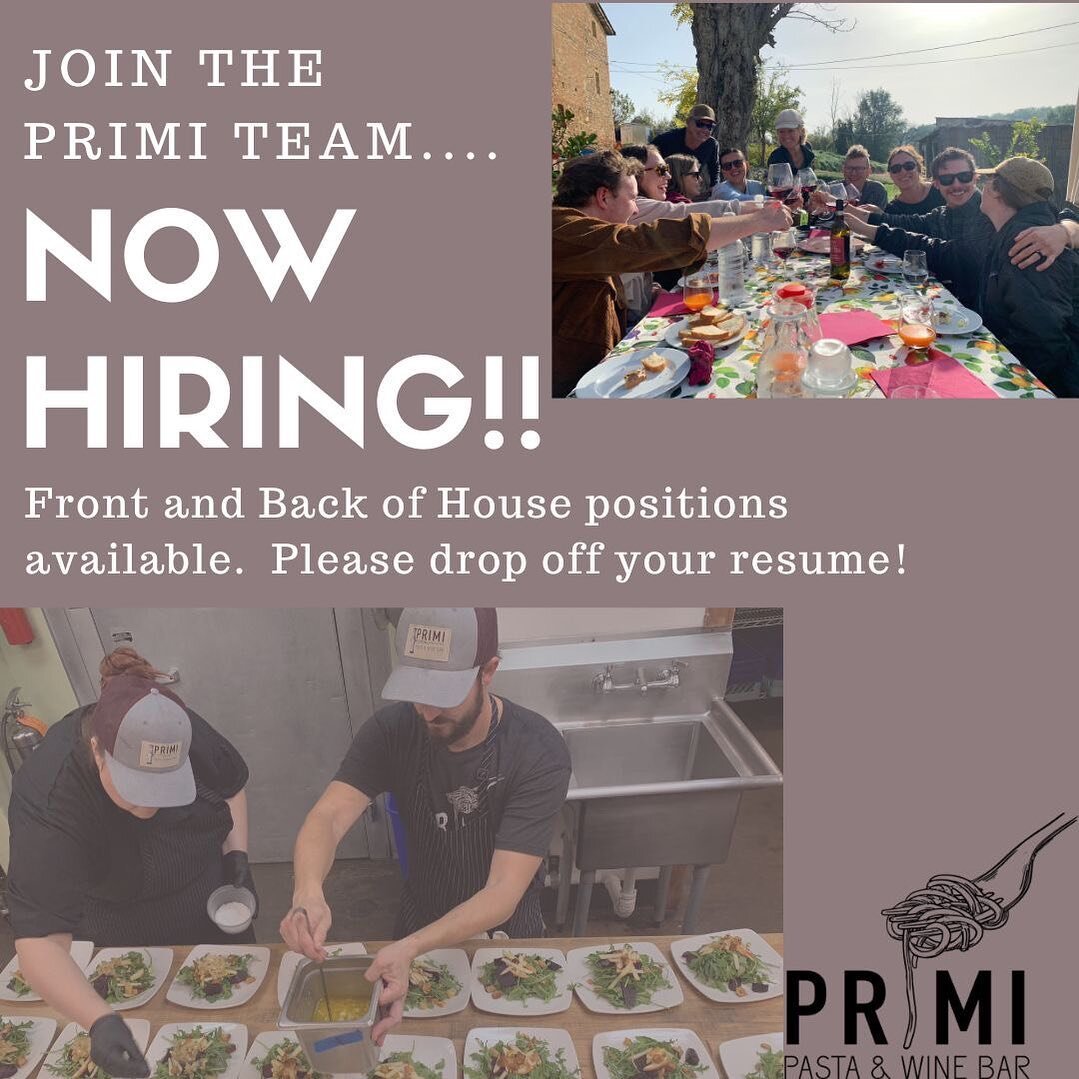 We are hiring!! Positions available include-

Food Runner
Host
Dishwasher
Prep Cook
Line Cook

Pay is very competitive and all positions are included in the gratuity pool! Please drop off your resume!