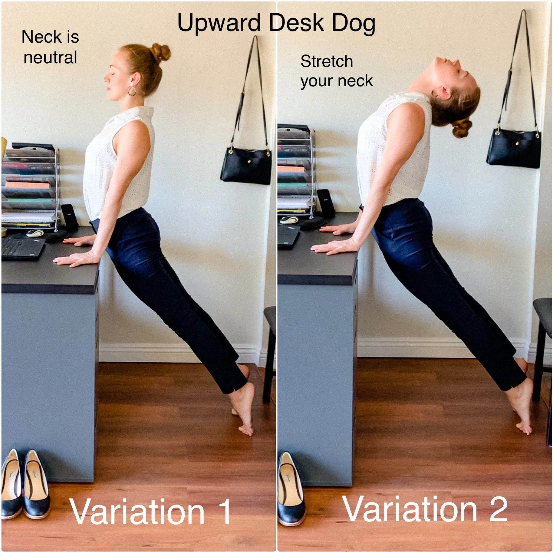 Office Yoga.  Upward Desk Dog Pose.