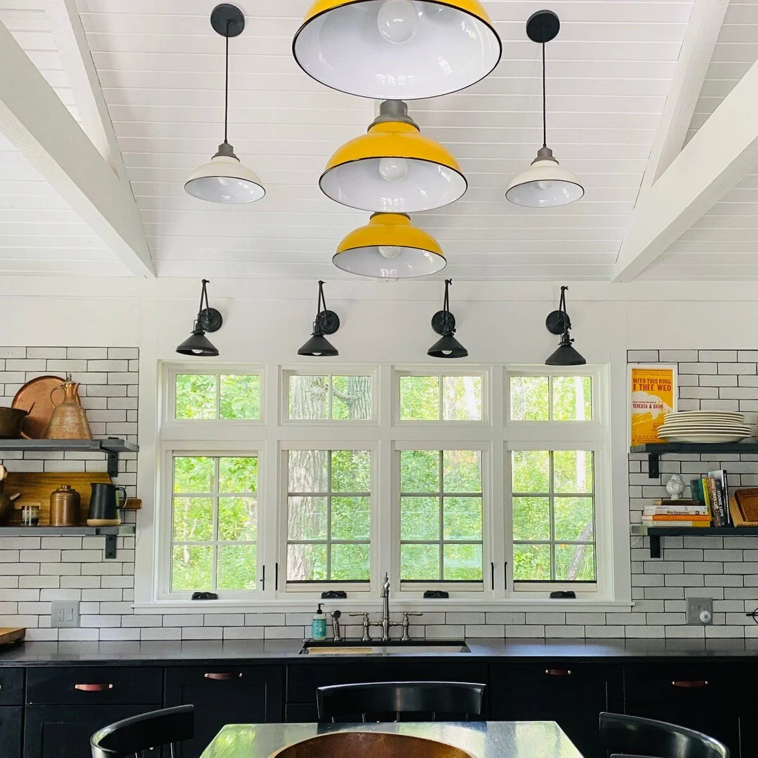 Obsessed with these yellow and white Carson pendants from @rejuvenation. @CampWandawega Hillhouse.