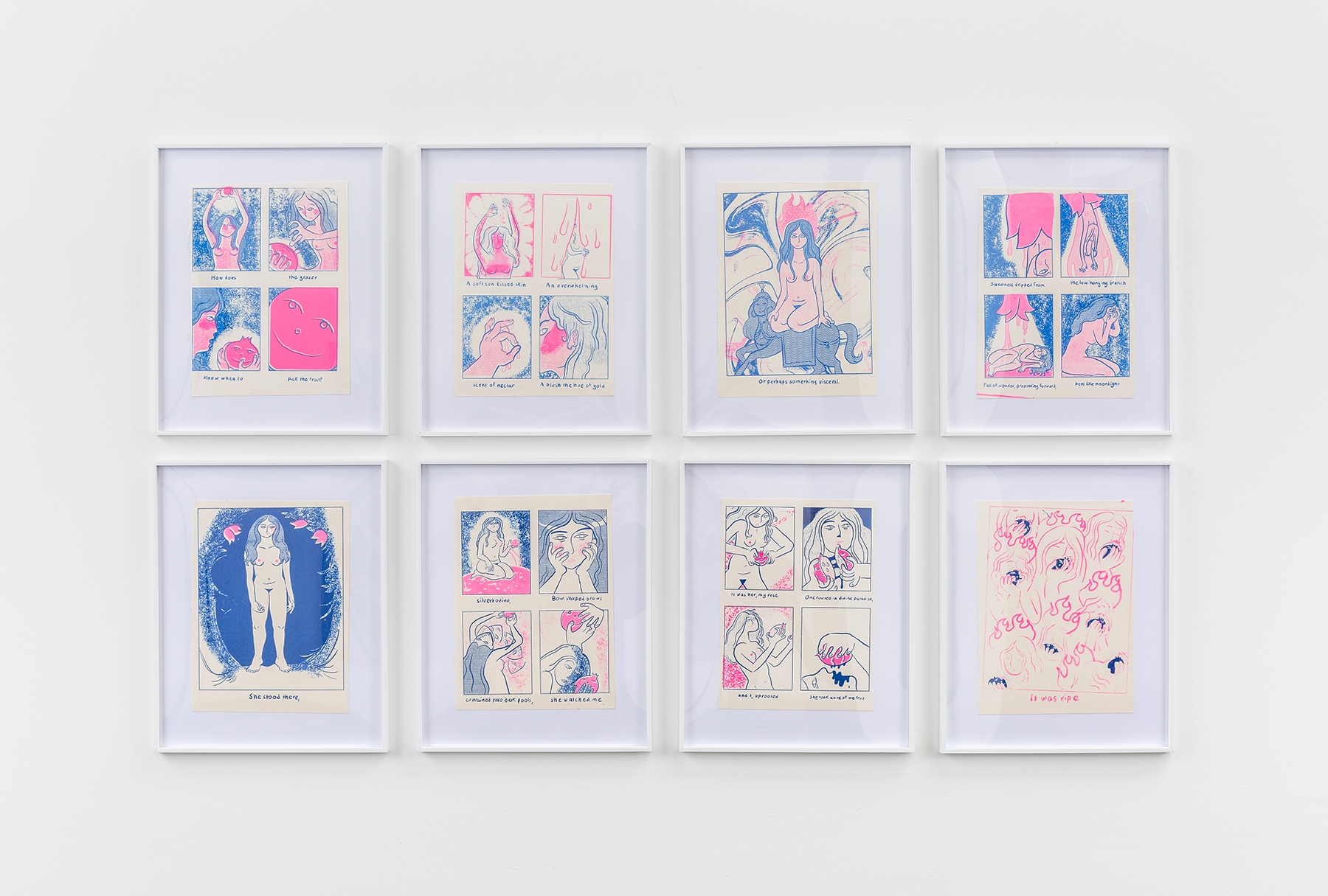  Installation view of رسیده / Ripe (2019), silkscreen, digital excerpts from an eight-page comic, 11" x 15" each, from the group exhibition Or High Water at Safe Gallery, Brooklyn, NY 