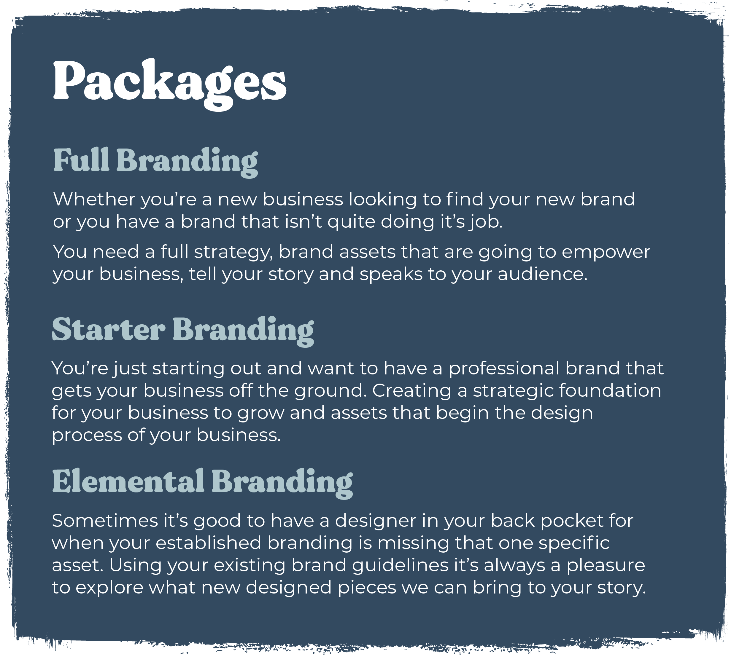 different branding packages describing the various graphic design services I offer as a scottish designer - full banding, starter branding, elements branding materials