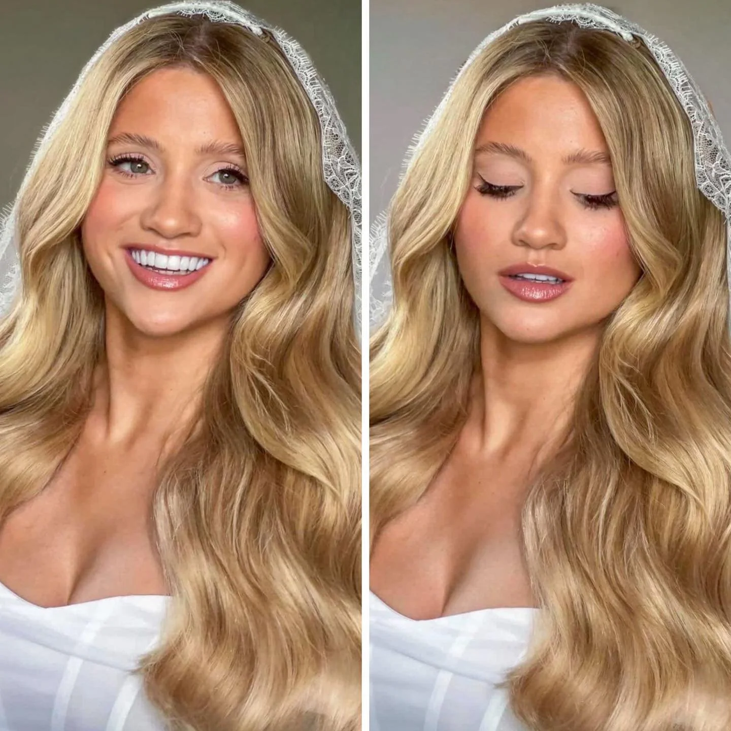 Soft glam bridal inspo ~ light eyes with a hint of pink, glowing skin &amp; plenty of blush, the perfect look for you low contrast gals! With beautiful waves from @hairforyouroccasion. 

My 2027 diary is filling up fast now with only a couple of peak