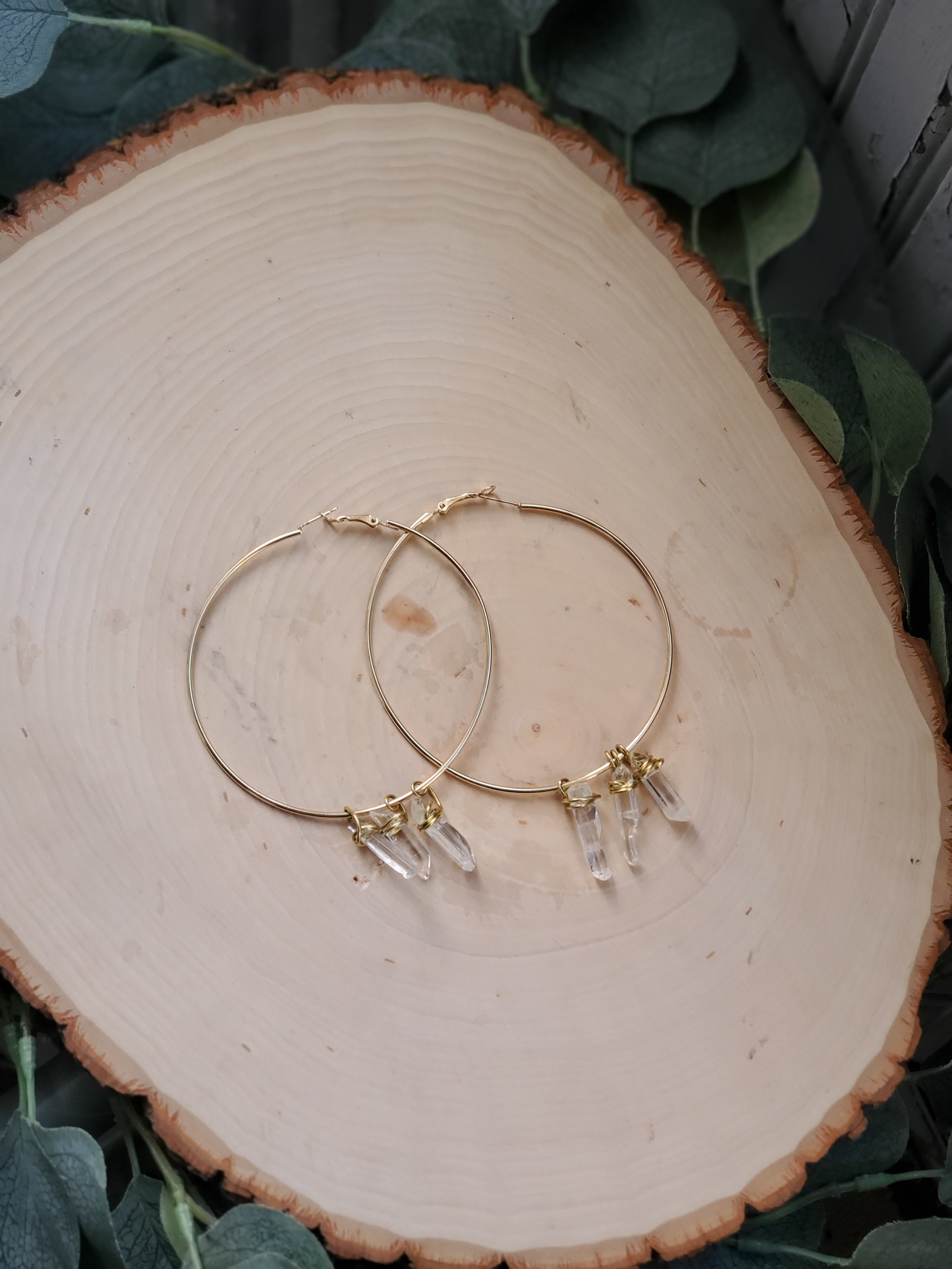 2 Spike Clear Quartz Gold Hoops