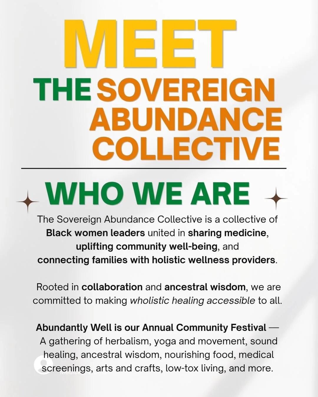 The Sovereign Abundance Collective is a collective of
Black women leaders united in sharing medicine,
uplifting community well-being, and connecting families with holistic wellness providers.

Rooted in collaboration and ancestral wisdom, we are comm