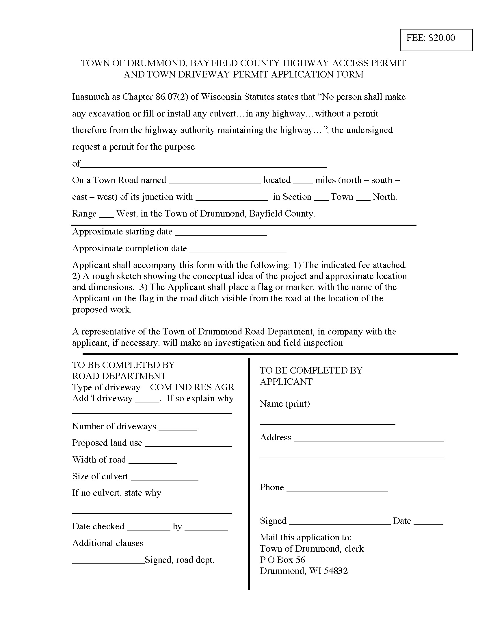 Highway Access / Driveway Requirements & Permit Form — Town of Drummond