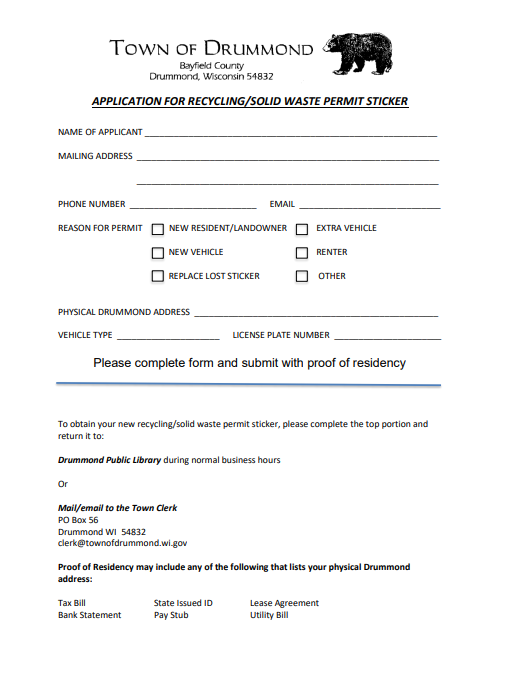 Dump Permit Sticker Form — Town of Drummond WI Bayfield County