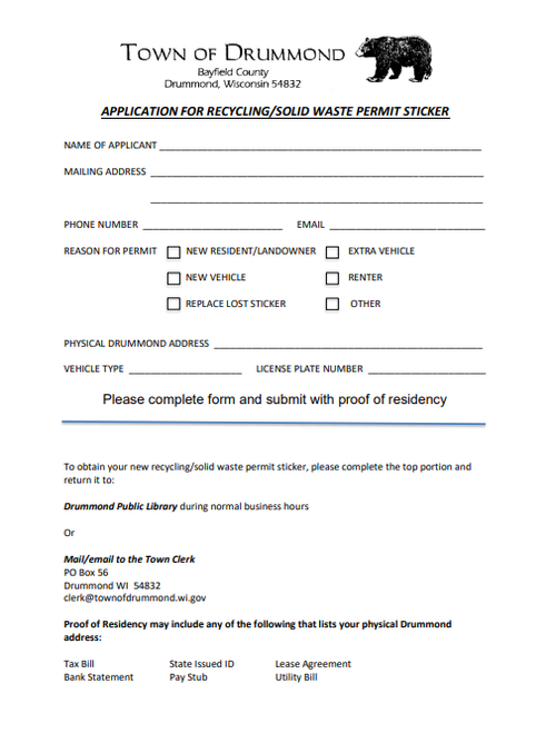 Dump Permit Sticker Form — Town of Drummond WI Bayfield County