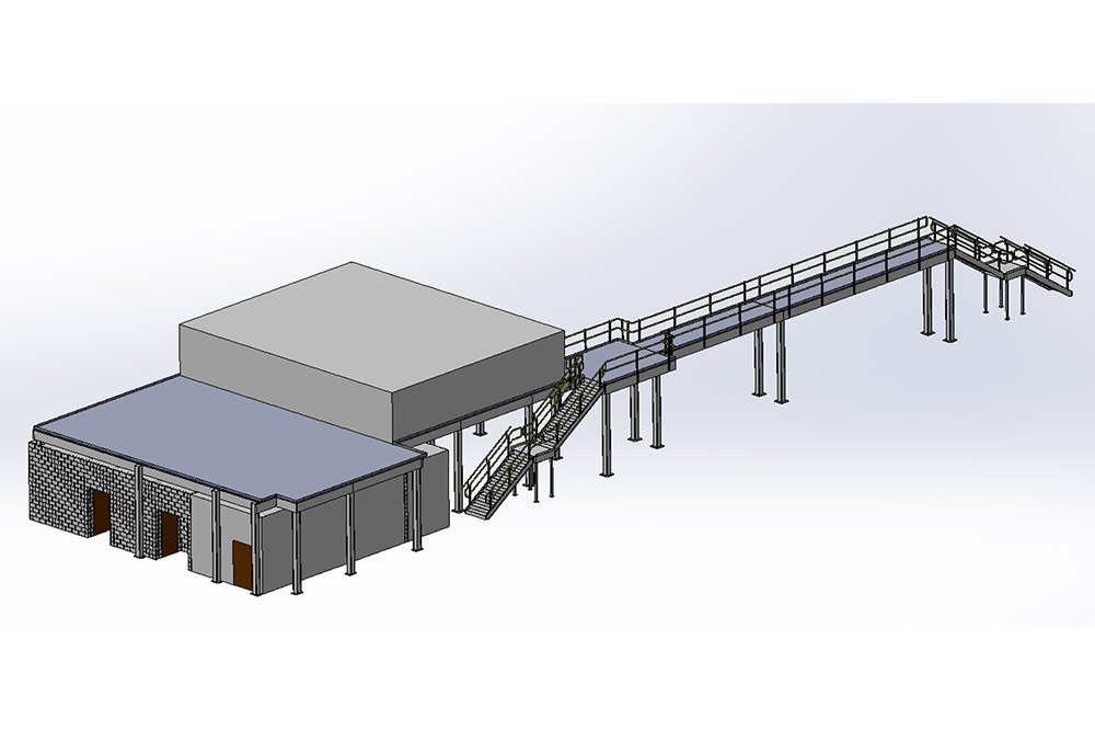 Isometric view of Mezzanine Project showcasing platforms, stairs, structural column support through multiple floors.