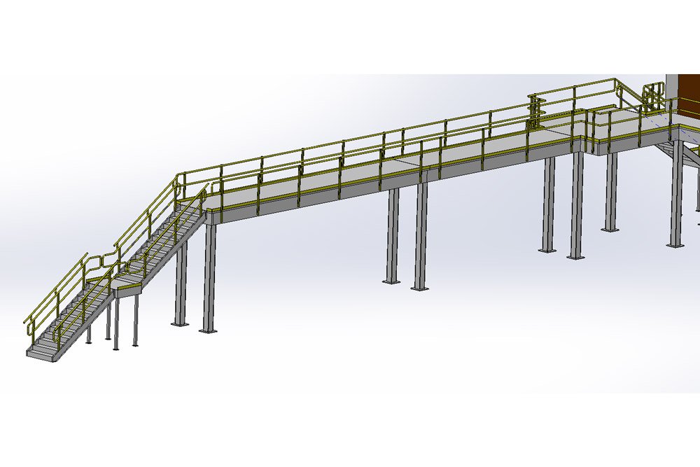 Mezzanine stairs that allow for access to the modular building+office space while keeping aisles free for easy movement for forklifts and tuggers.