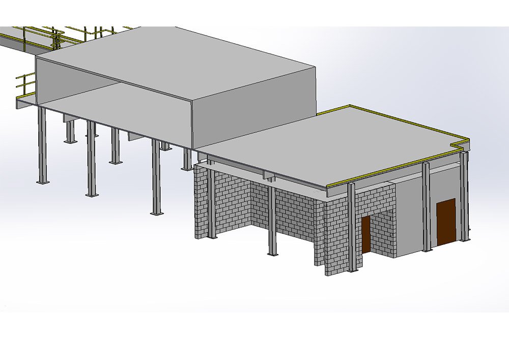 Mezzanines can be added to existing structures+rooms. This showcases how that structurally works while allowing first floor conveyance flow throughout the production environment.