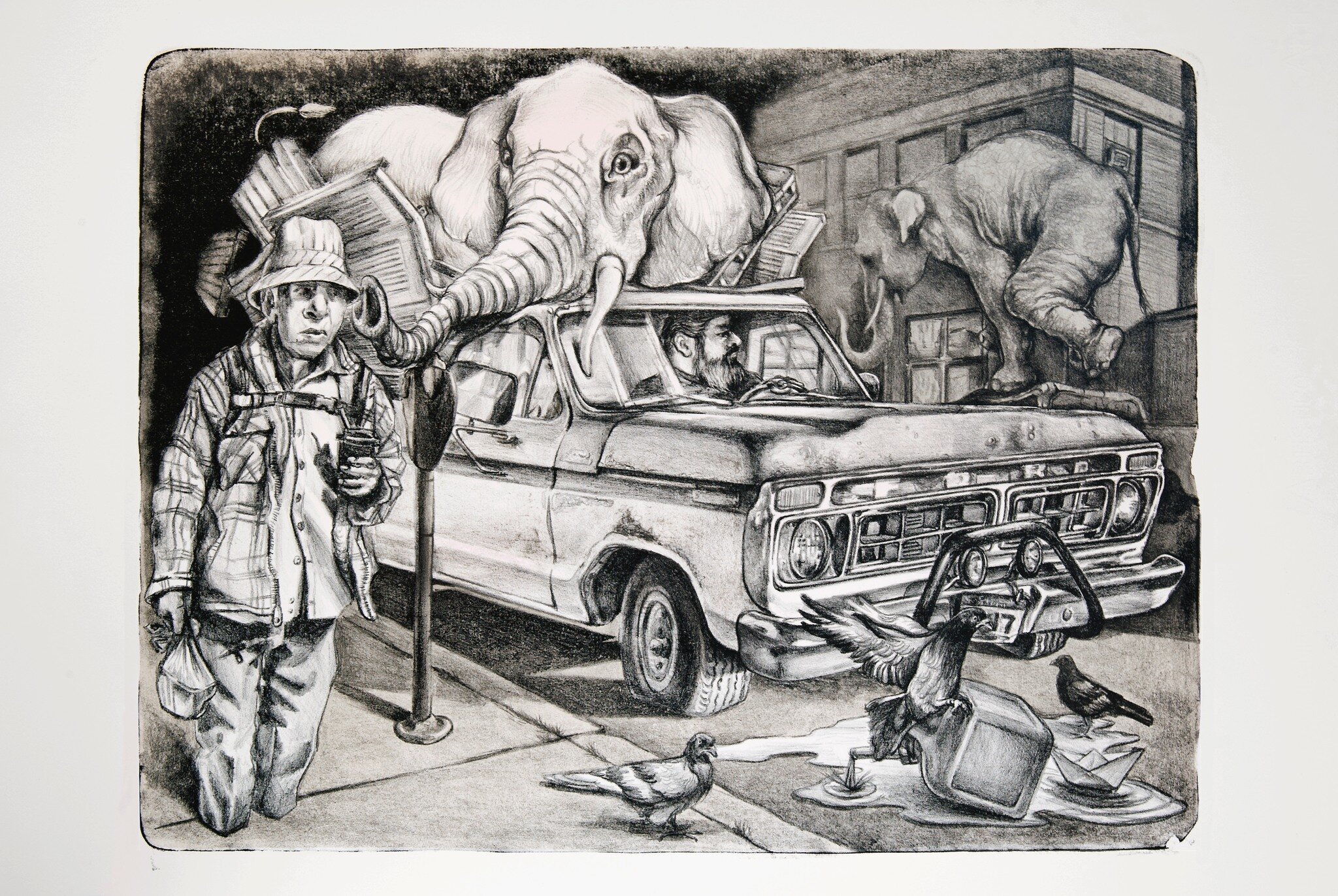 Francisco Delgado
&quot;American Graffiti-White Elephant&quot;
2017
Color stone lithograph
Image size: 18 x 24 inches
Paper size: 22 x 30 inches
Paper:  Fabriano artistico
$800

Francisco Delgado (b. 1974) was born in Cuidad Ju&aacute;rez and grew
up