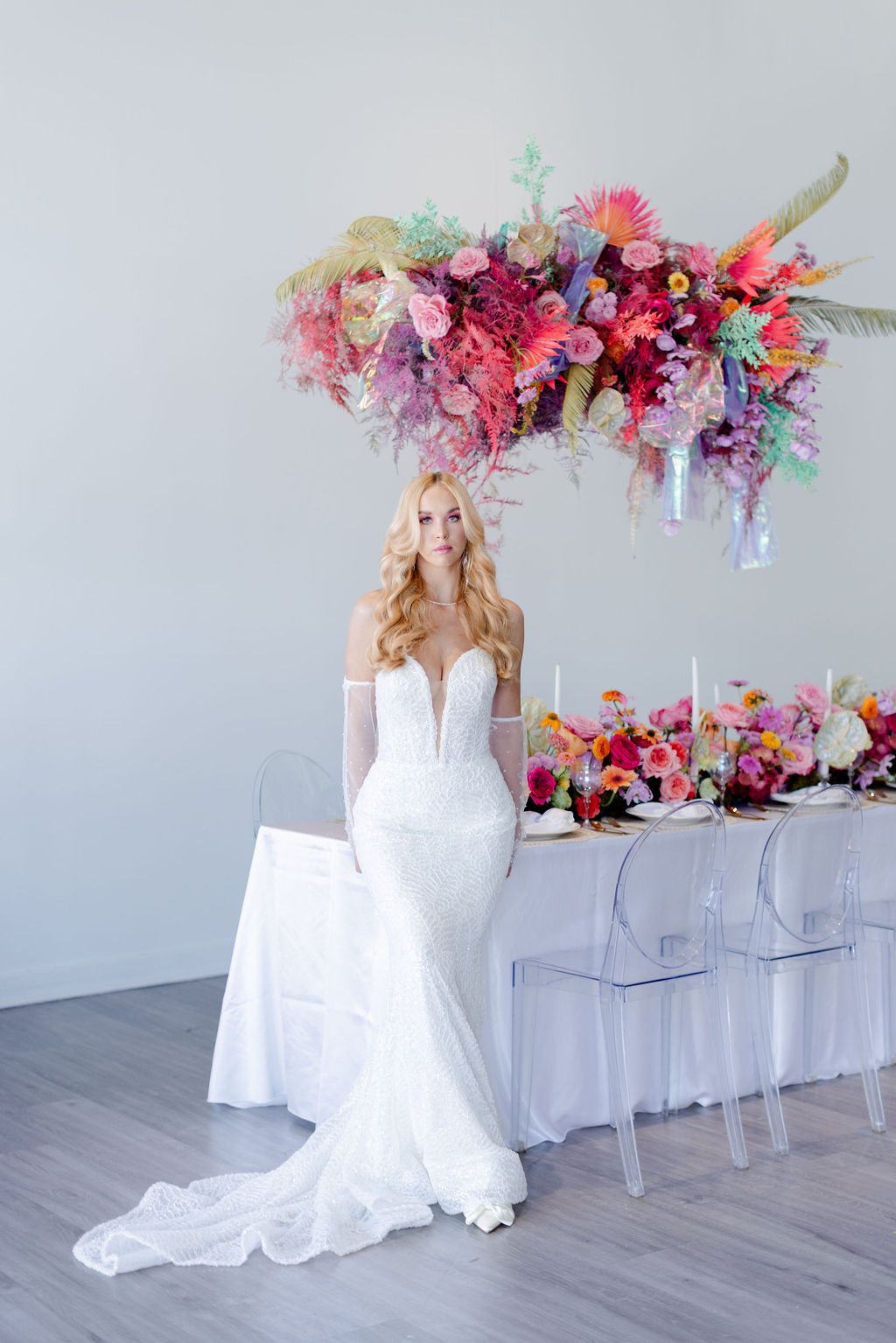 artistic-colorful-modern-wedding-editorial-bridal-portrait-sequined-strapless-bridal-dress-plan-it-terra-wedding-planner