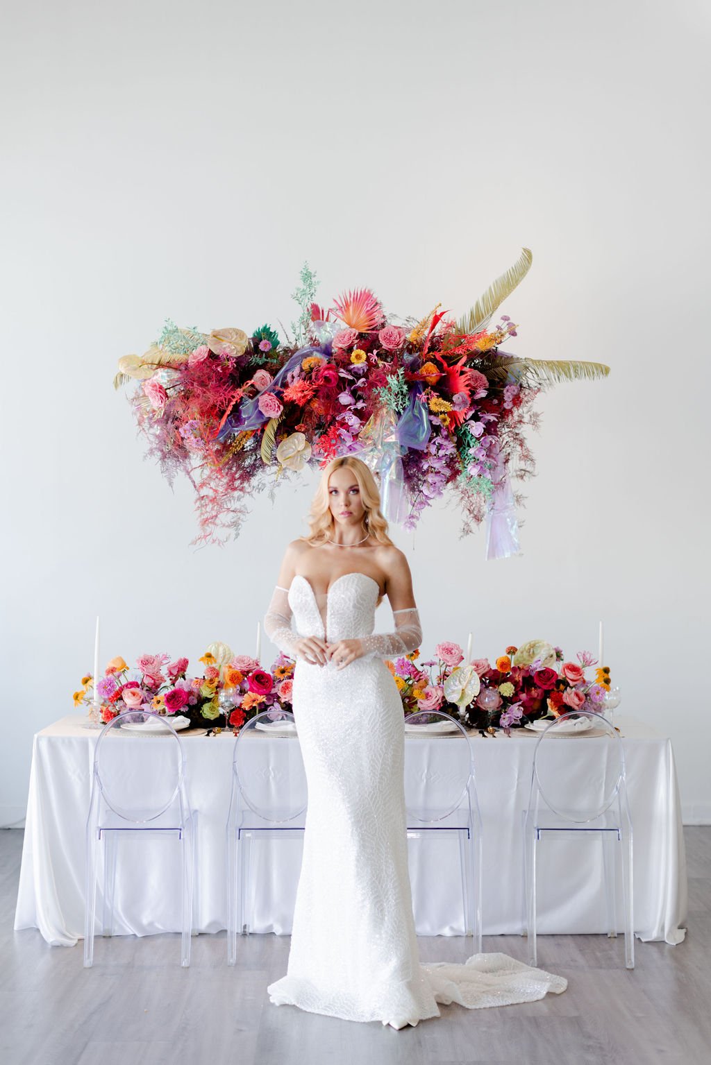 artistic-colorful-modern-wedding-editorial-strapless-sequin-bridal-gown-blone-wavy-hair-plan-it-terra-wedding-planner
