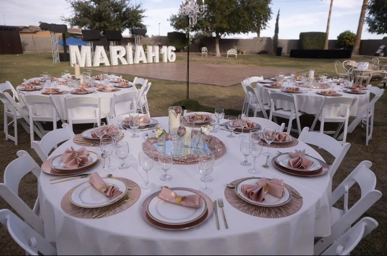 Elegant sweet sixteen celebration setup at Villa de la Meza private venue.