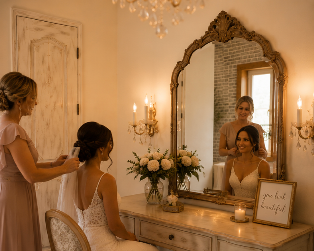 Bridal preparation scene with a bride sitting at a vanity, having her hair styled by a woman, with the reflection showing her smiling in a large ornate mirror. The setting includes floral arrangements, a lit candle, and a framed sign that says 'you look beautiful' in a warmly lit room.