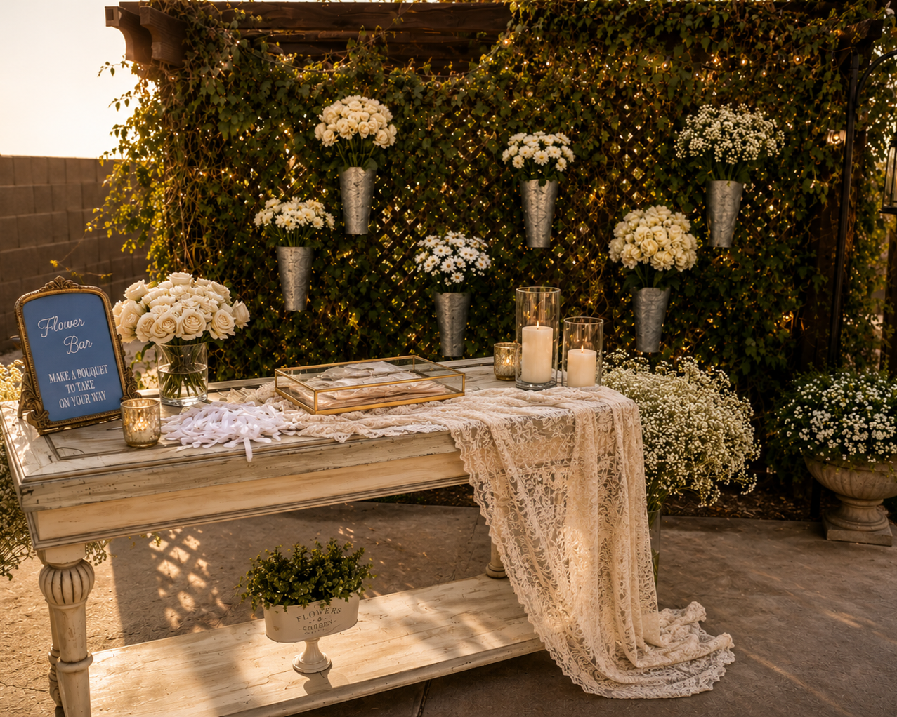 A wedding or event decoration setup featuring a vintage white table with lace cloth, floral arrangements of white roses and daisies, candles in glass holders, and a sign that reads 'Flower Bar Make a bouquet to take on your way.' A backdrop of greenery with hanging white flower vases and fairy lights creates a romantic ambiance.