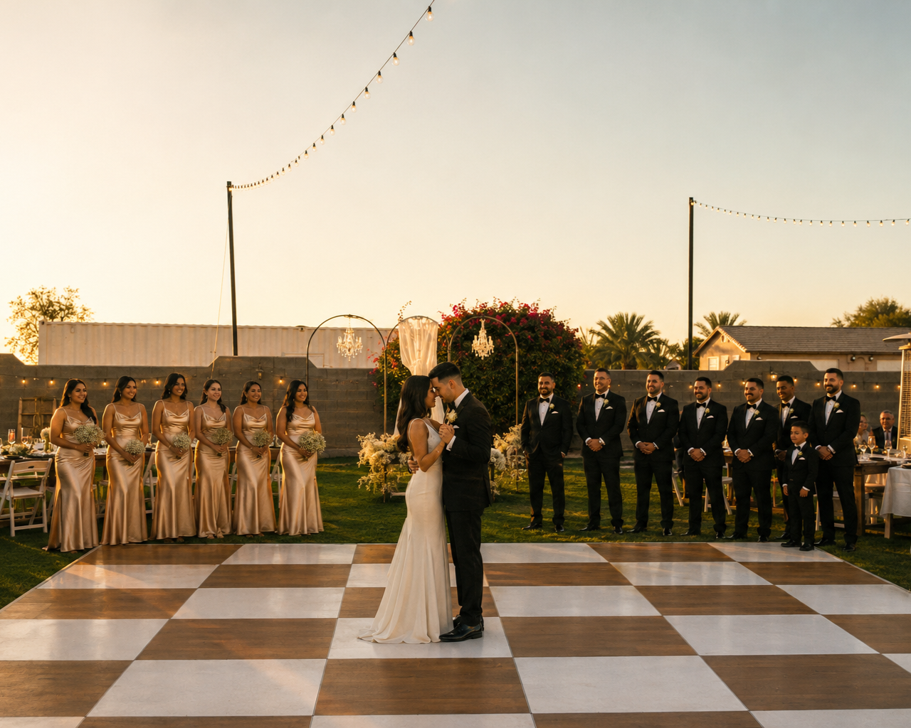 A bride and groom dance on a checkered dance floor during their wedding reception at sunset, with bridesmaids in matching gold dresses on the left and groomsmen in black suits on the right, in an outdoor decorated venue.